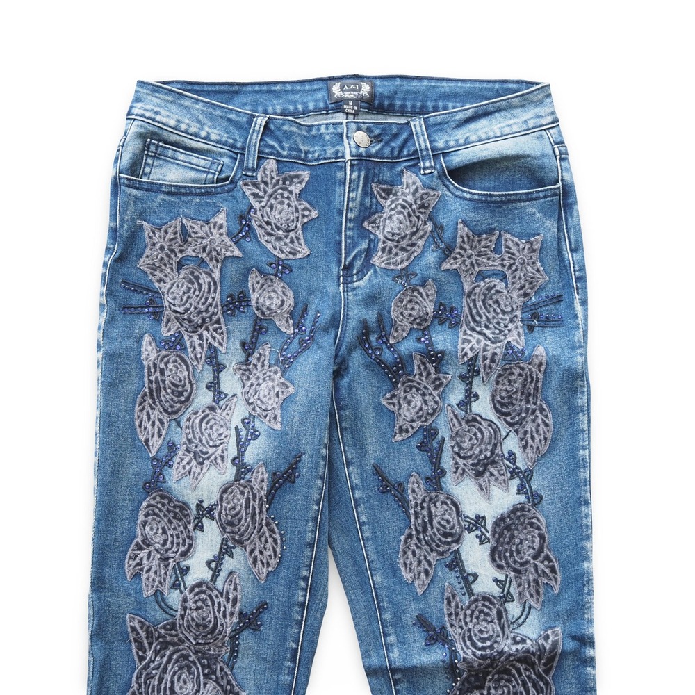 AZI VTG Embellished Floral Skinny Jeans Womens 8 Blue Y2K Stretch Denim Pants - Picture 4 of 13